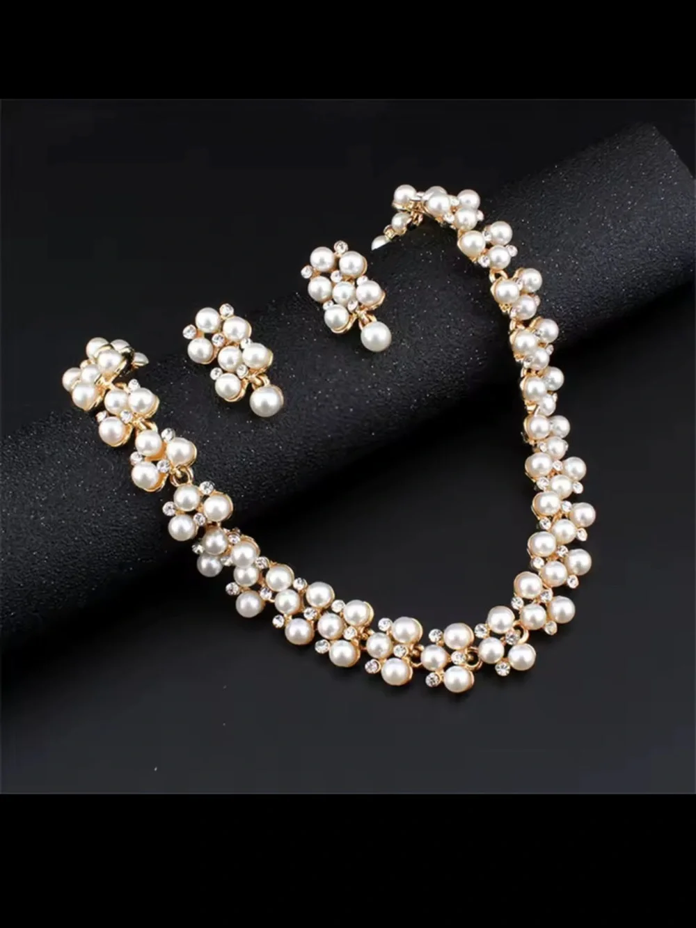 Pearl Cluster Necklace and Drop Earrings set - Ivory and Gold